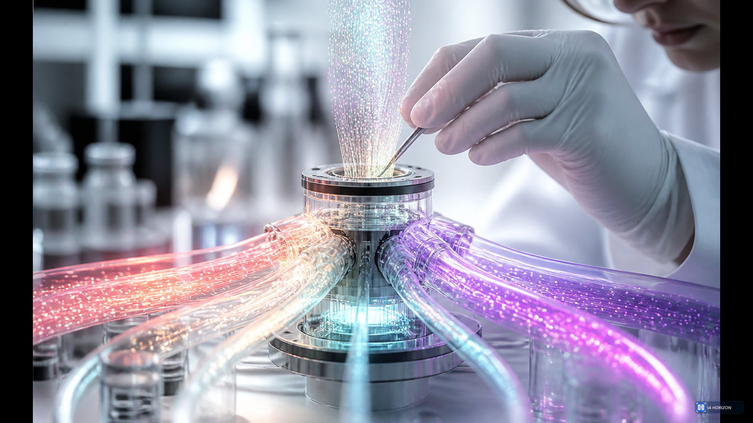 Main gantée examinant un instrument transparent traversé de flux de données colorés, image éditoriale sur la traçabilité d’un texte.