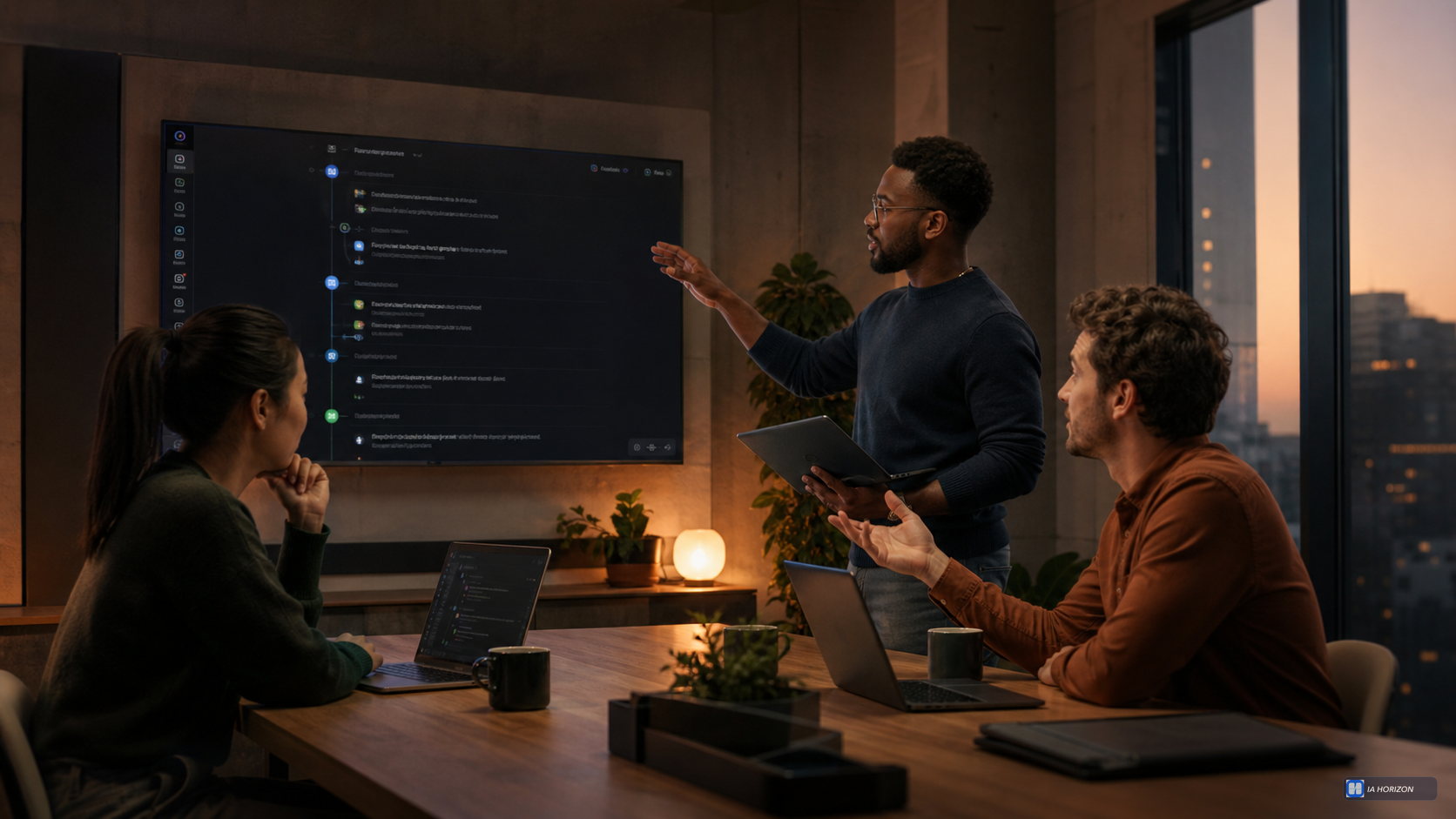 Trois ingénieurs dans un studio logiciel examinent ensemble la chronologie transparente d’un agent IA sur leurs écrans.