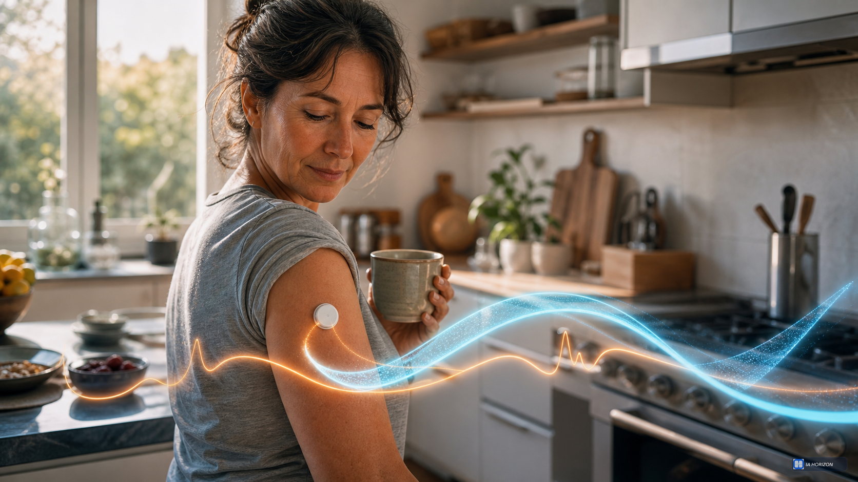Une femme dans sa cuisine observe le capteur de glucose porté sur son bras, tandis qu’une onde cyan lente et de brèves pulsations ambre évoquent les deux rythmes étudiés par GlucoFM.