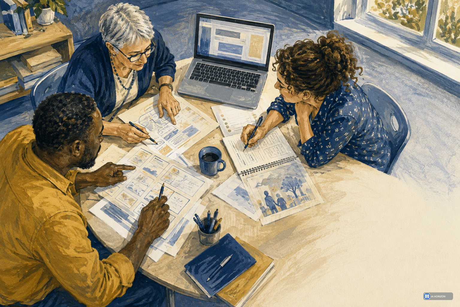 Illustration à la gouache, vue en plongée : trois enseignants comparent des fiches de cours autour d’une table, à côté d’un ordinateur ouvert.