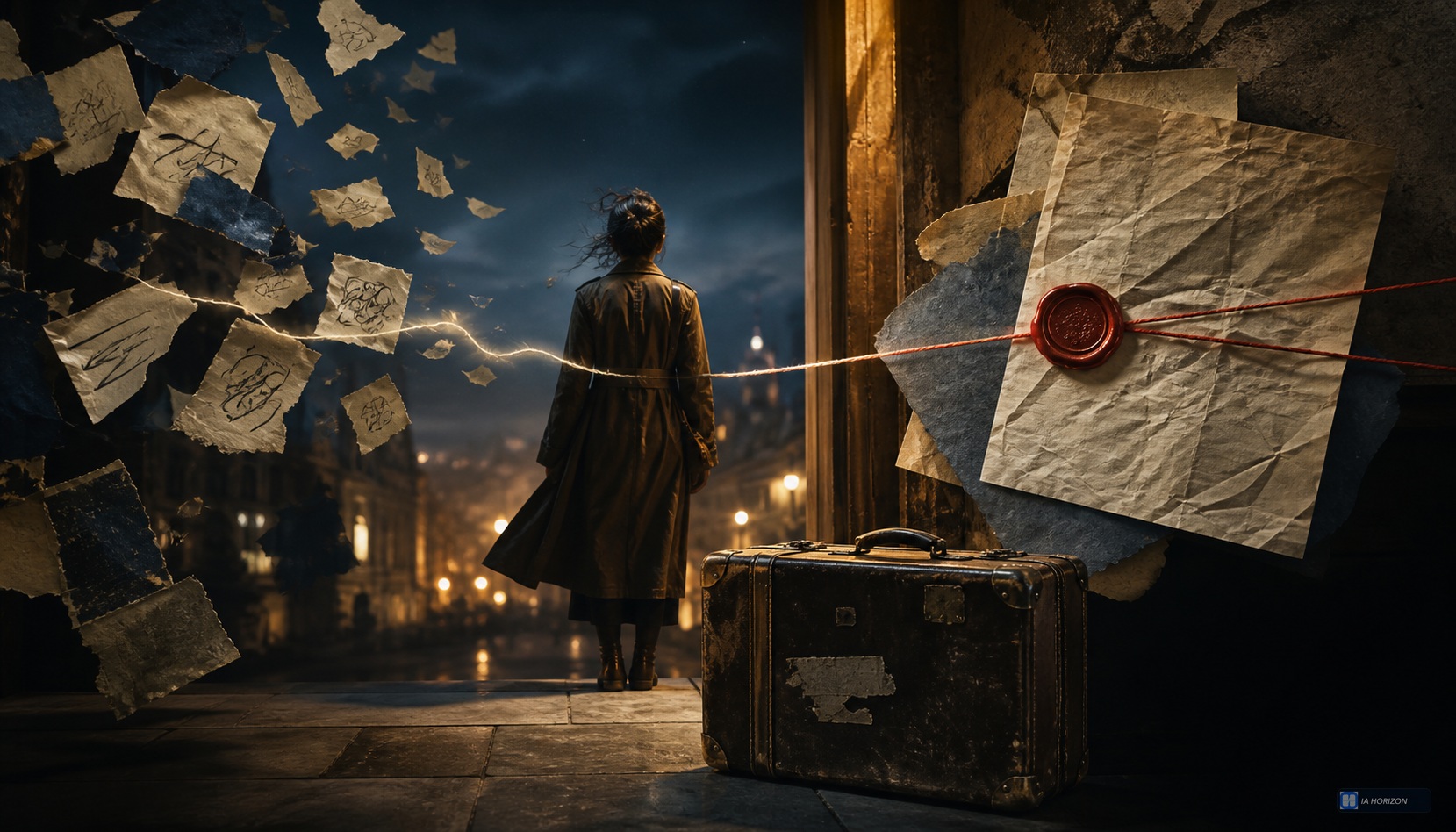 Une voyageuse de dos se tient au seuil d’une ville nocturne, entre des fragments de conversation emportés par le vent et un contrat froissé scellé de rouge ; une valise usée rappelle que la réservation engage un voyage réel.