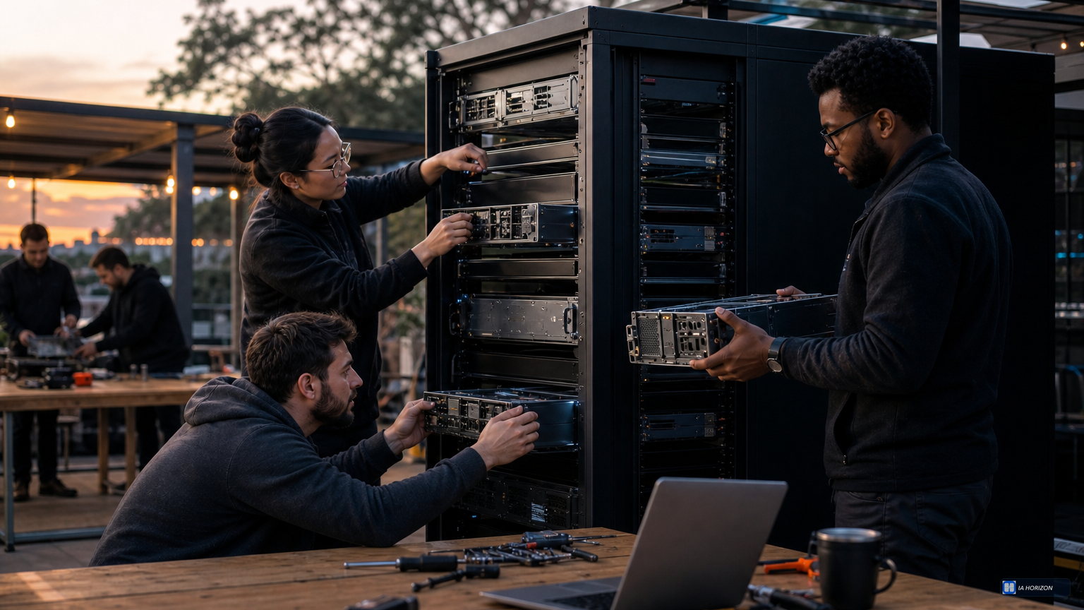 Équipe technique installant des serveurs, image éditoriale sur le coût et la valeur d’une infrastructure IA.