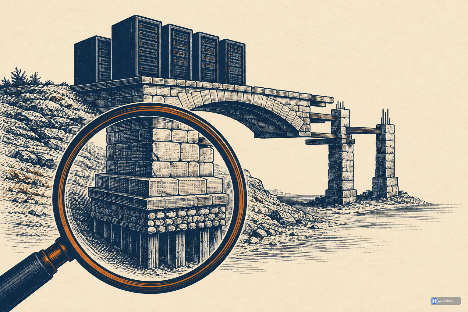 Gravure d’un pont en construction portant des serveurs, dont les fondations sont examinées à la loupe.