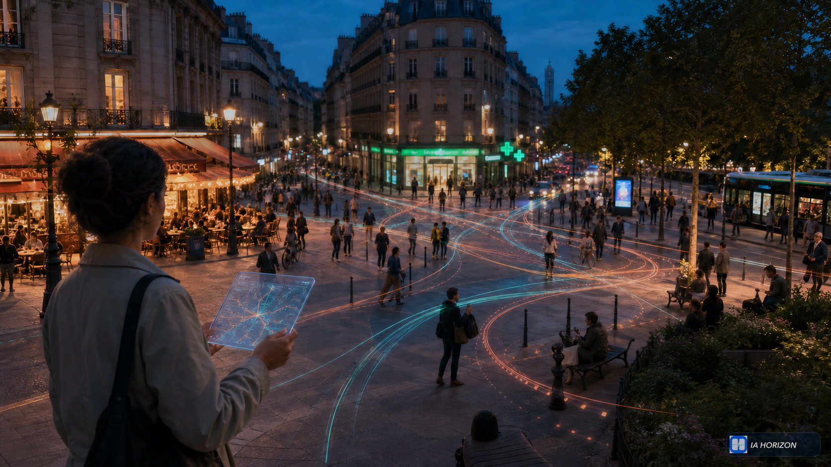 Une chercheuse observe une place parisienne animée sur une tablette transparente, tandis que des trajectoires lumineuses bleues et orange suivent les déplacements dans les rues.