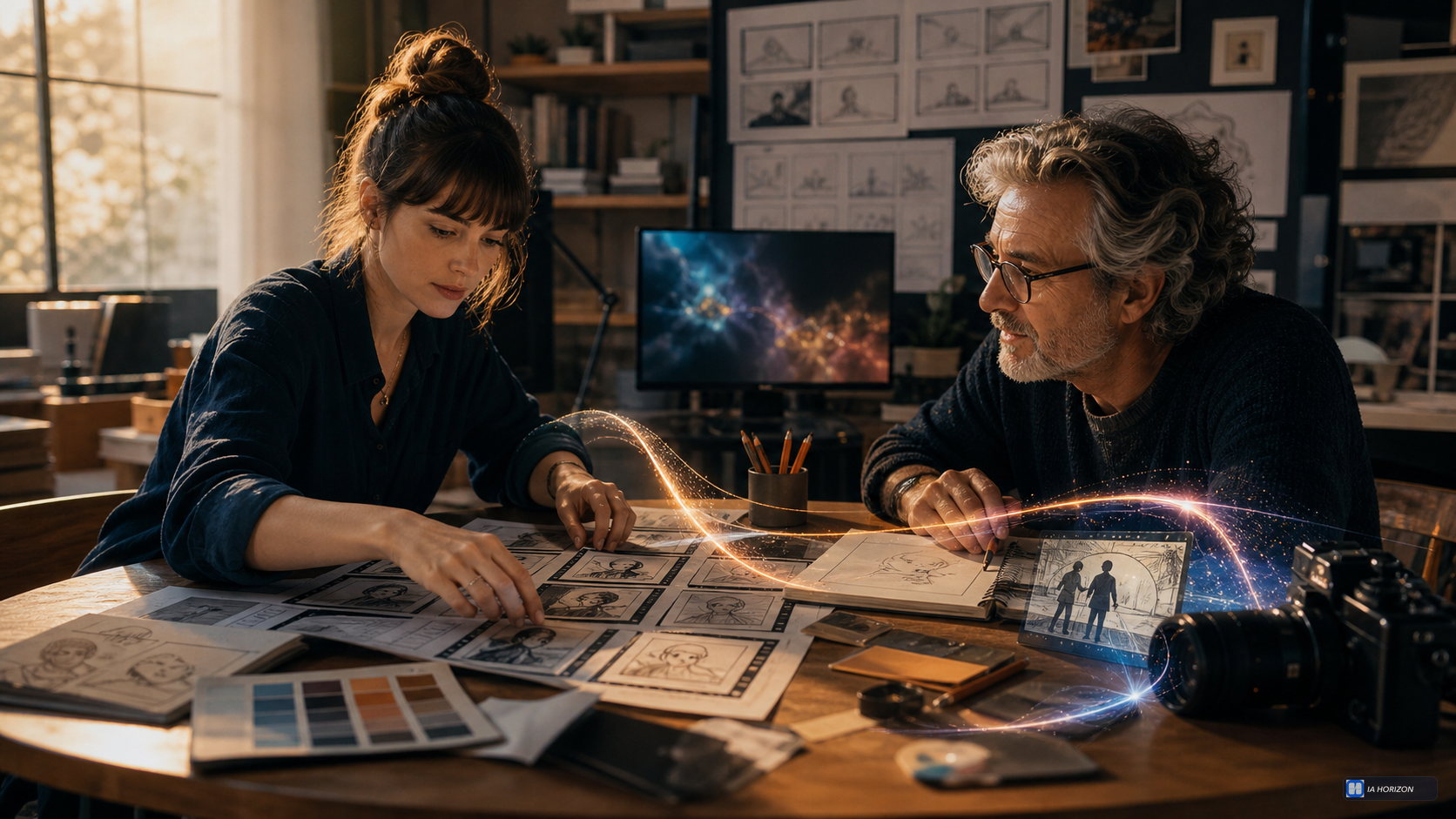 Une réalisatrice et un créatif organisent des vignettes de storyboard autour d’une table, tandis qu’une trajectoire lumineuse relie les plans à une caméra.