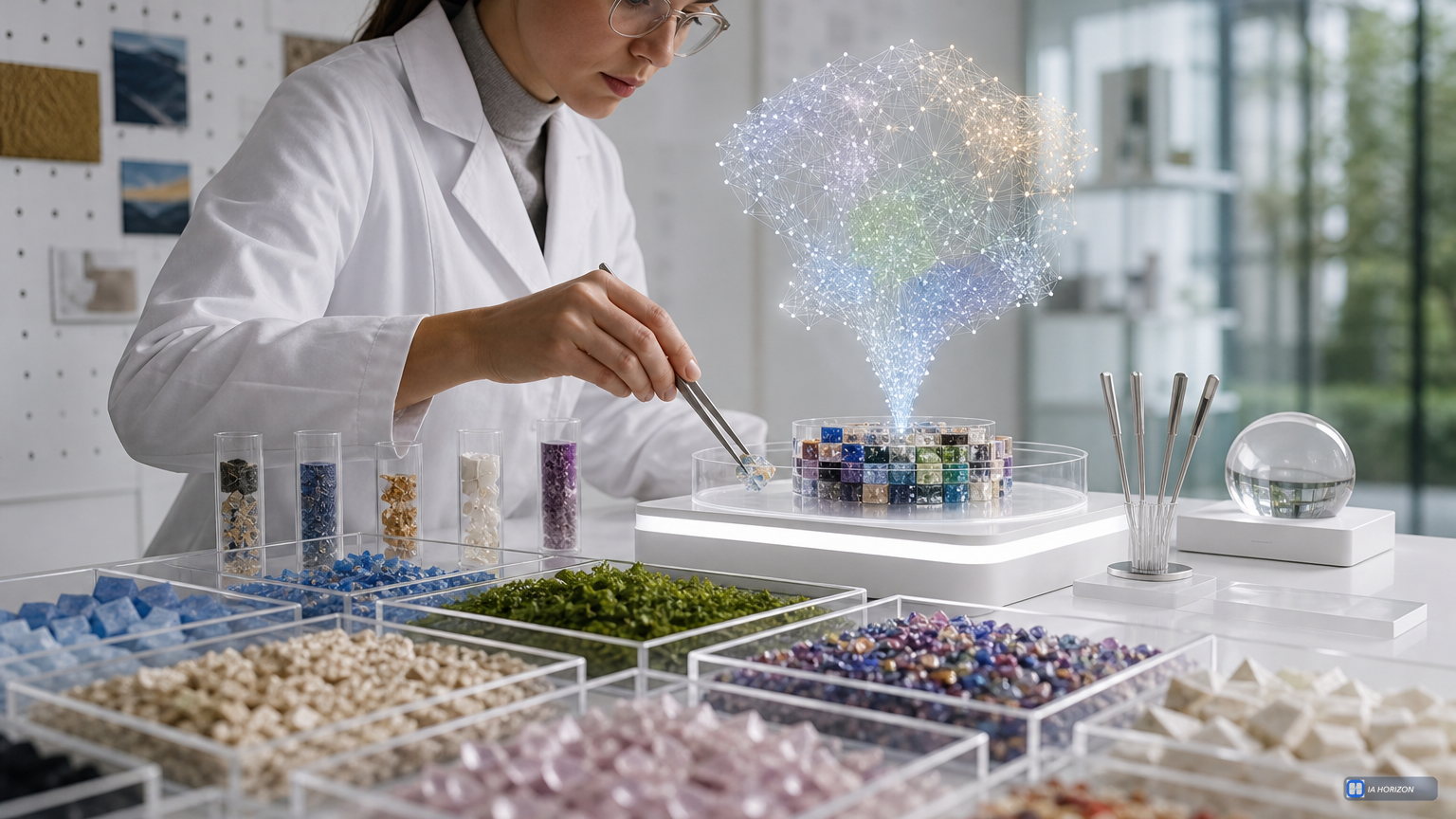 Scientifique sélectionnant des matériaux de laboratoire tandis qu’un réseau de données colorées relie les échantillons.