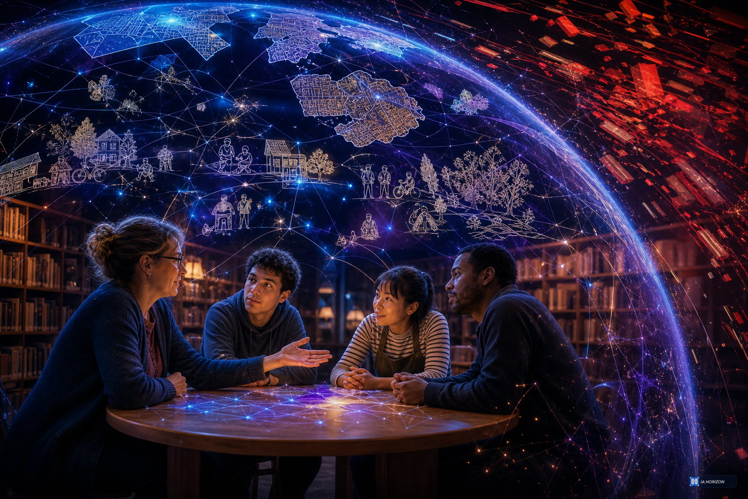 Quatre personnes échangent autour d'une table dans une bibliothèque, sous une sphère lumineuse qui relie cartes, savoirs et réseaux.