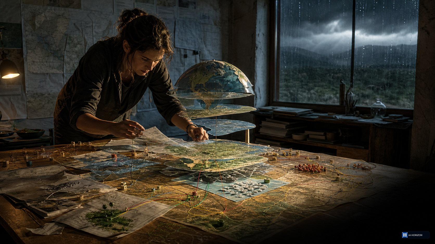 Une analyste assemble des cartes transparentes autour d’un globe ouvert en strates, sur une table couverte de reliefs, de routes et de fils colorés tandis qu’un orage approche.