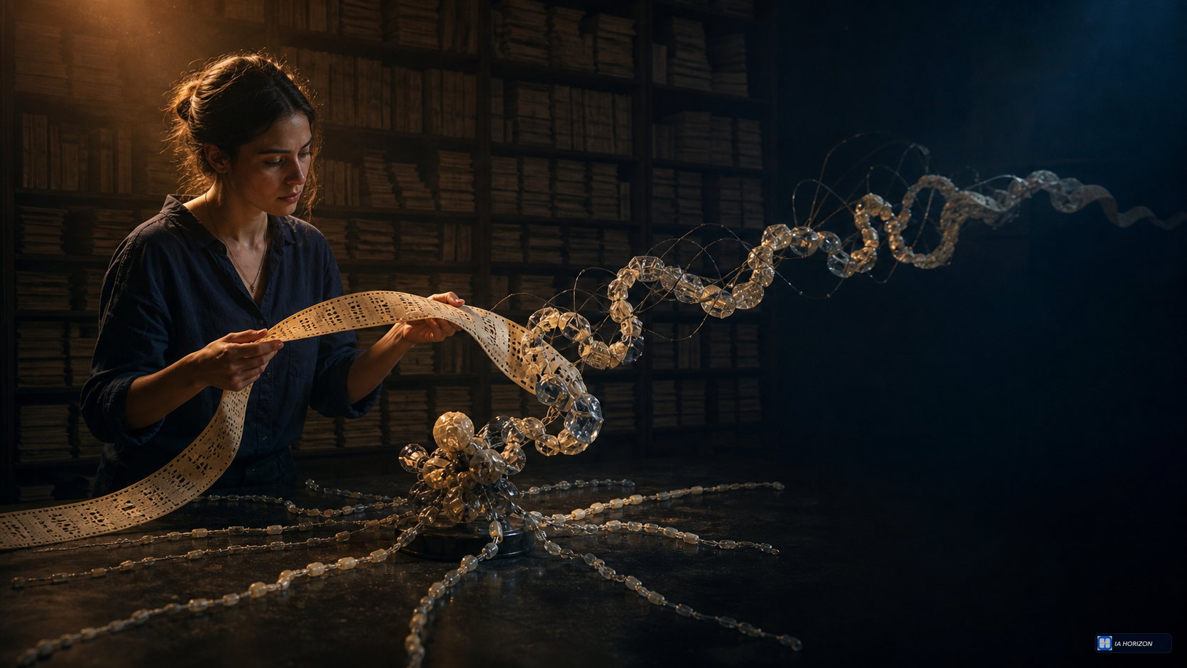 Une biologiste déroule une bande perforée qui se transforme en protéine sculptée de verre, au-delà d’une bibliothèque de formes naturelles classées.