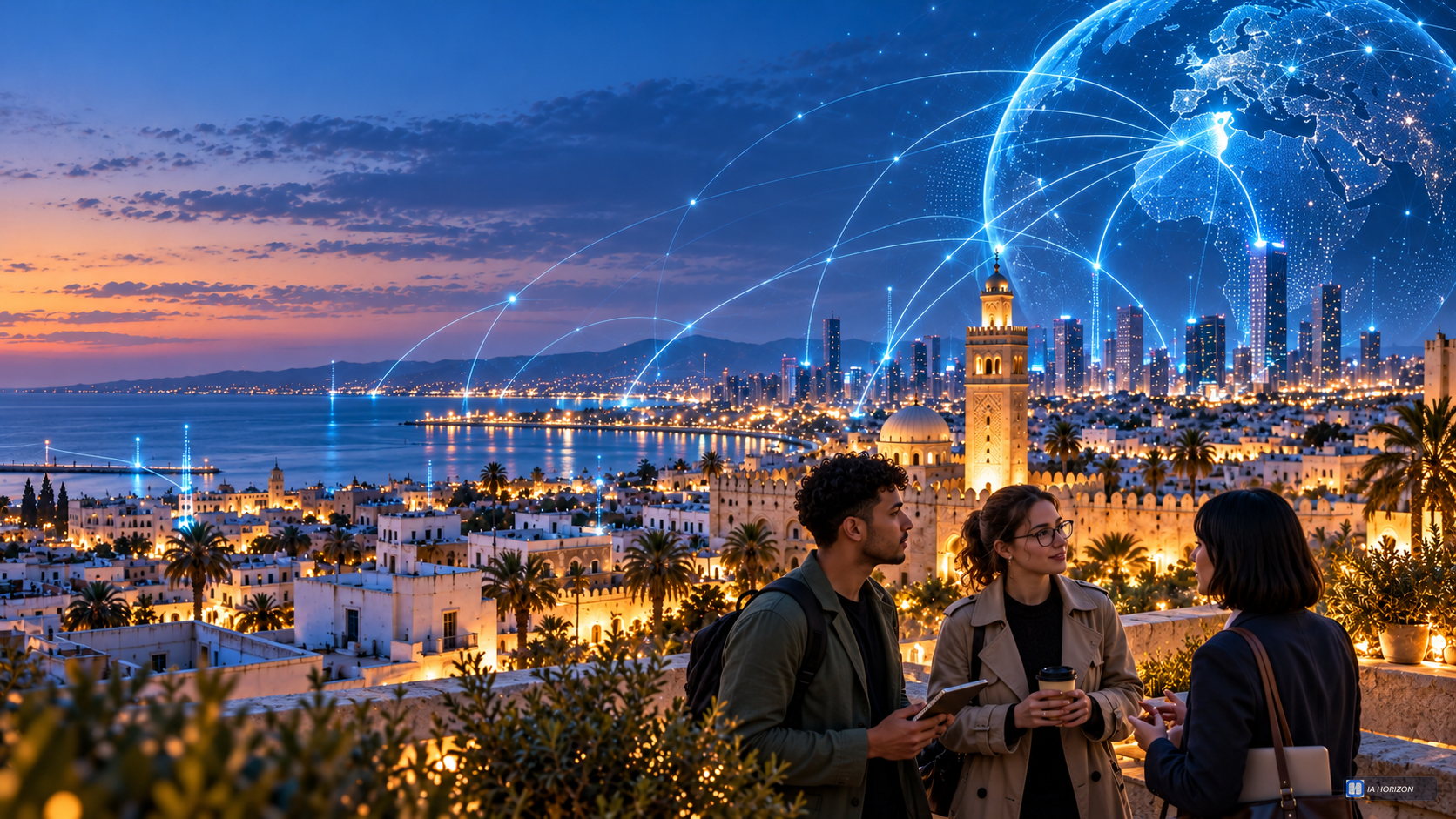 Illustration originale générée : trois personnes échangent sur une terrasse devant une ville côtière imaginaire évoquant la Tunisie, sous un globe lumineux connecté. Métaphore éditoriale, ni photographie documentaire ni représentation d’un projet réalisé.