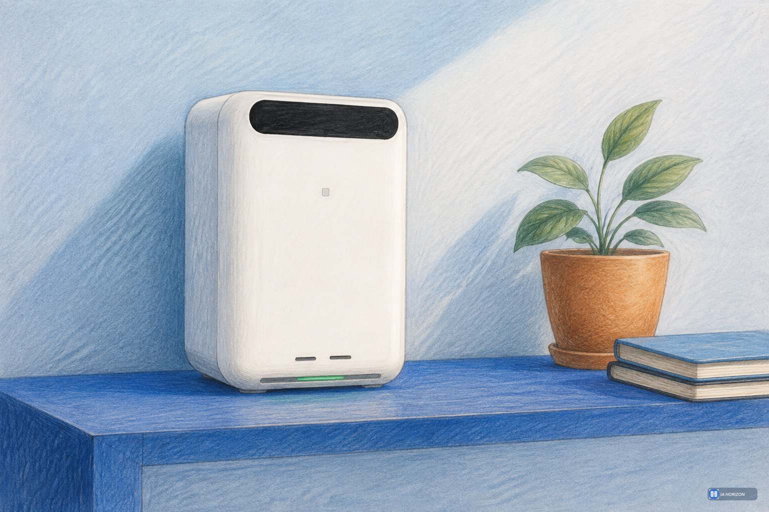 Illustration artistique au crayon de couleur du HomeAgent HA100 blanc, posé dans un décor domestique stylisé. Interprétation du visuel fabricant, sans valeur de photo de test.
