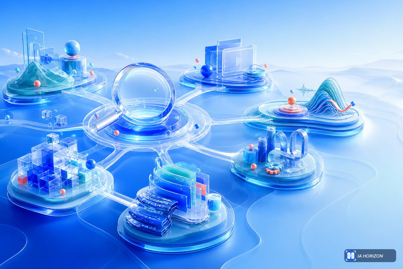 Atlas lumineux de domaines IA distincts reliés à une lentille de découverte transparente