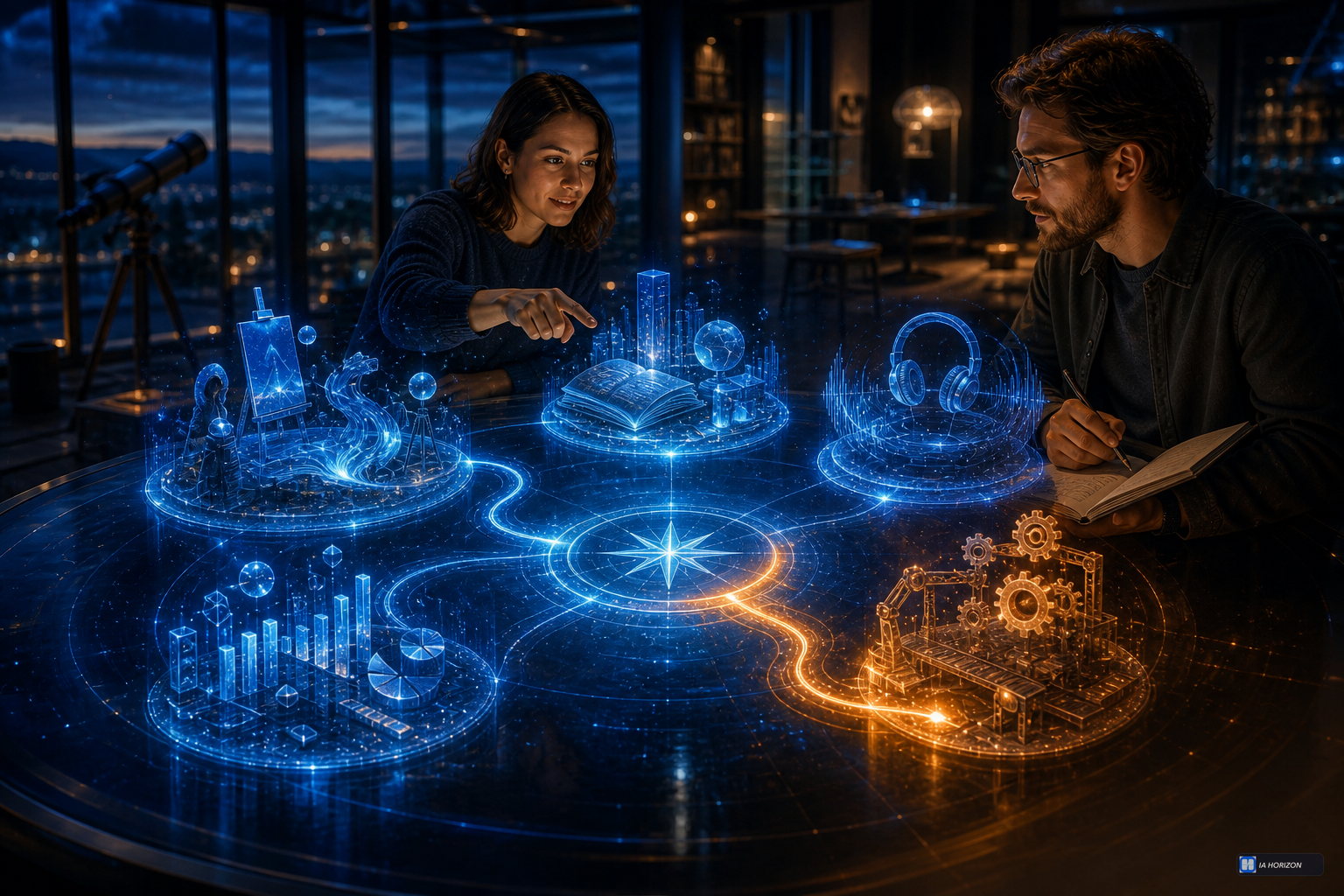 Une femme et un homme explorent une carte holographique d’outils IA organisée en domaines visuels, autour d’une boussole lumineuse.