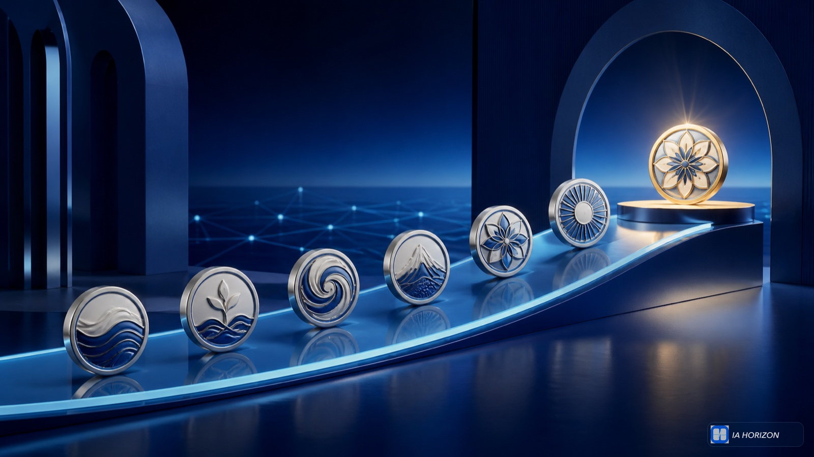 Sept jetons distincts avancent sur un chemin bleu lumineux vers un septième jalon plus éclatant
