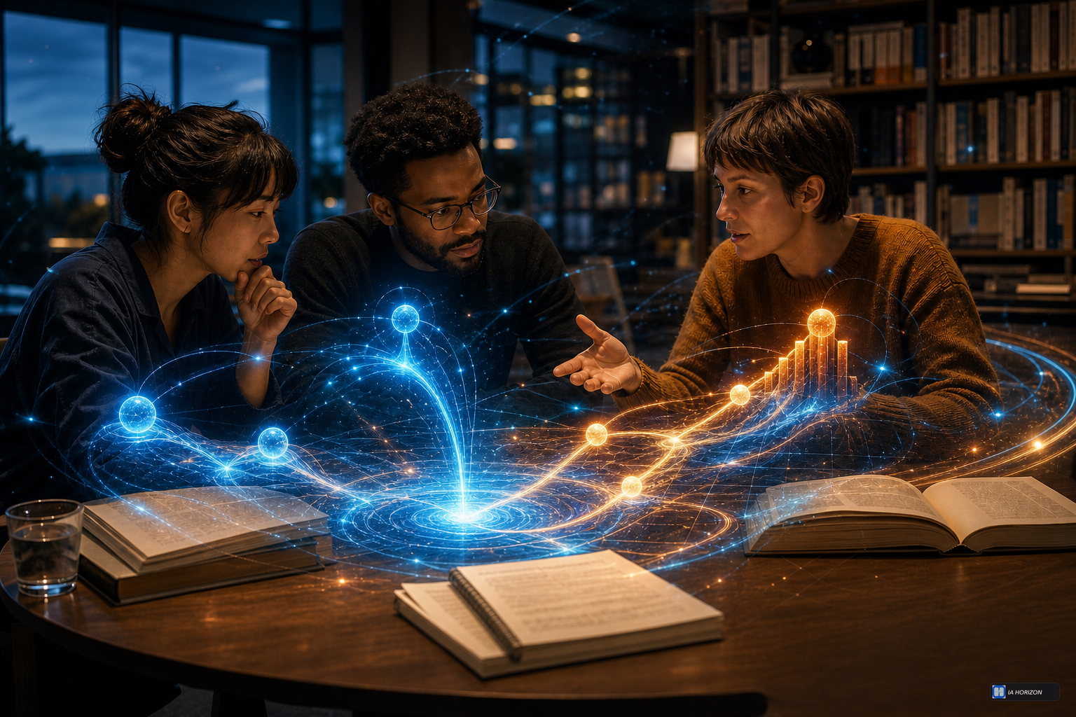 Trois personnes construisent ensemble un parcours d’apprentissage holographique reliant objectifs, étapes et résultat dans une bibliothèque nocturne.